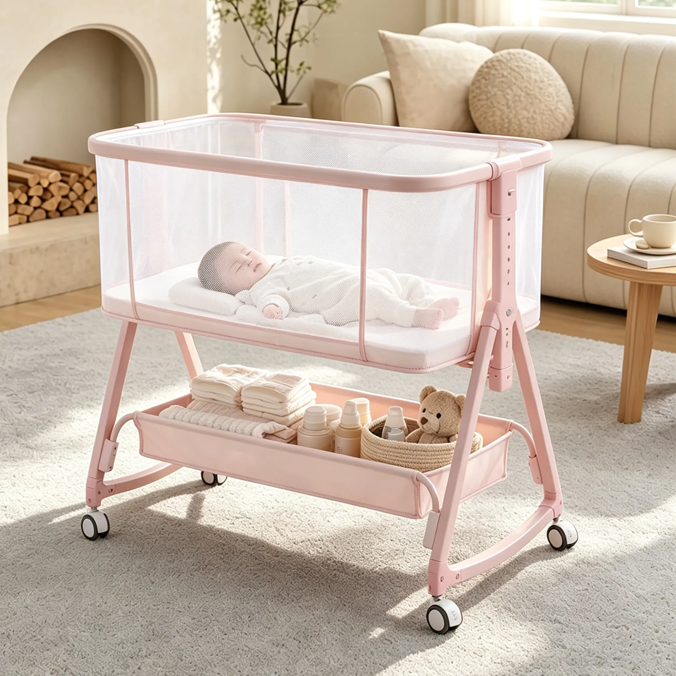 Baby Bedside Sleeper Bassinet, Bassinet Storage Basket and Wheels, Beige | Multi-functional, breathable mesh，adjustable height, washable fabric, 360°lockable wheels, large storage capacity, Portable Side Bed Crib