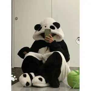 2025 Winter Cartoon Panda Coral Pajamas Set for Women, Thickened Warm Sleepwear, Cute Kawaii Homewear Loungewear Set, Cozy Youthful Winter Nightwear (no Pants)