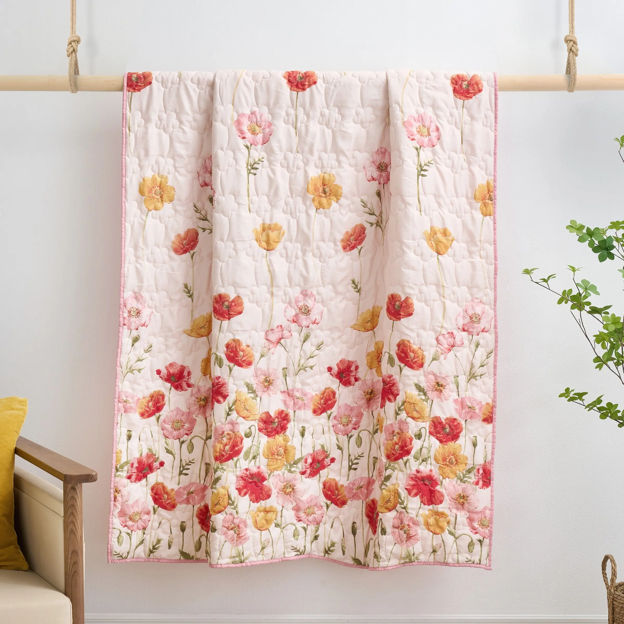 Breeze Blush Quilted Throw Blanket 50" x 60" – Reversible Floral Style Lightweight Accent for All Seasons by Greenland Home Fashions