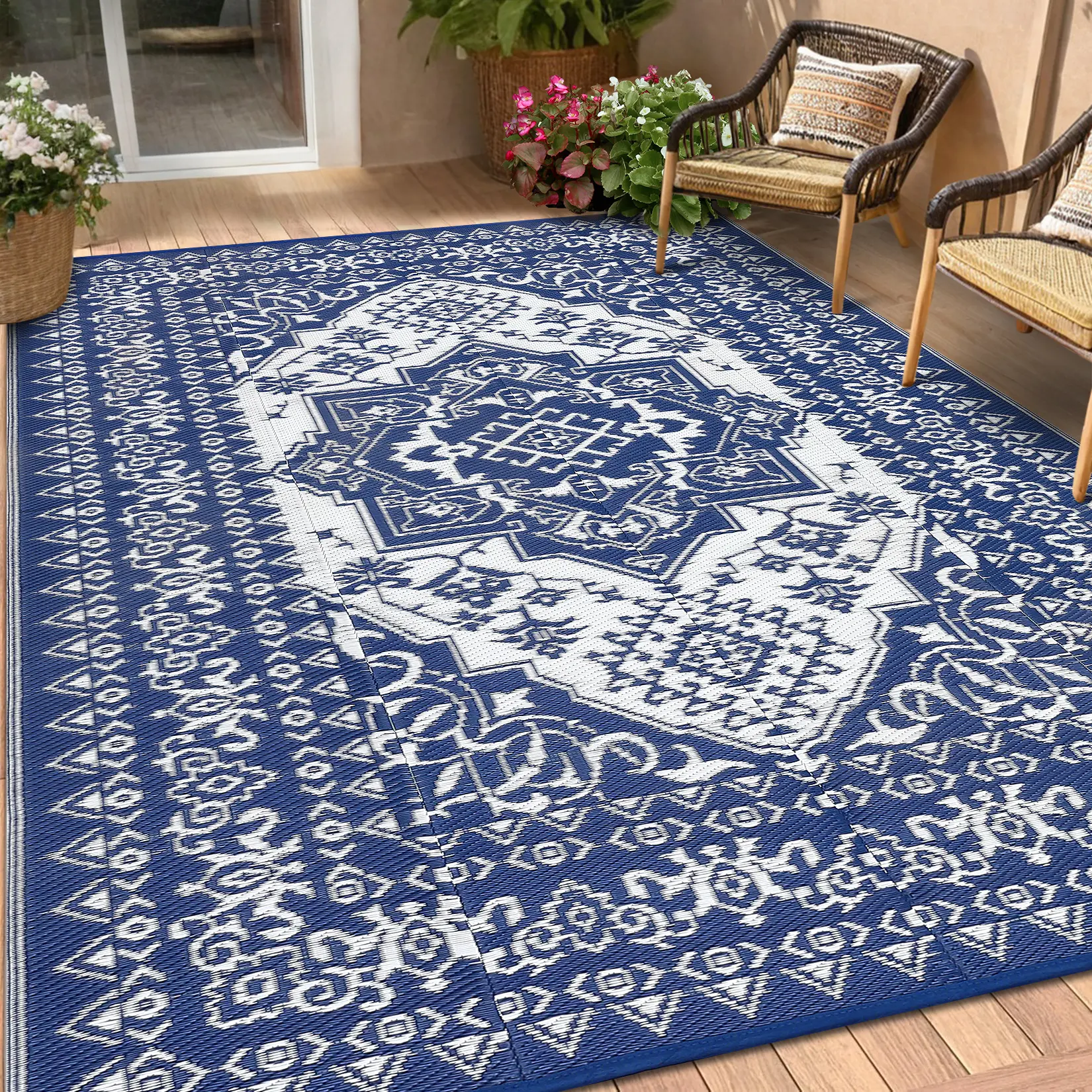 8x10 & 9x12ft Outdoor Vintage Floral Plastic Straw Rug - Double-Sided, Durable, Dustproof, Fade Resistant, Waterproof Mat for Patio, RV Deck, Beach, 8*10Ft, 9*12Ft