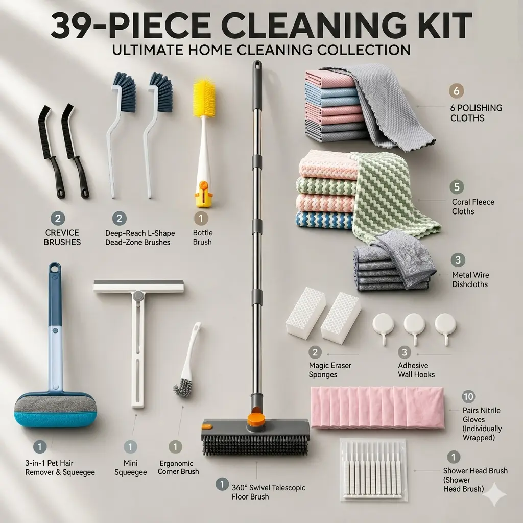 39-Piece Complete Home Cleaning Kit - All-in-1 Deep Clean Tools Set Including Floor Scrub Brush, Grout Brush, Pet Hair Remover, Microfiber Cloths (9 Tools + 30 Pieces)