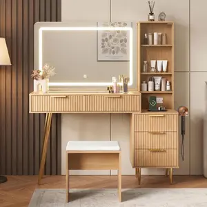 48″ Large Fluted Vanity Desk Mirror and Lights with Glass Top – 3‑Mode LED Lighting with Adjustable Brightness – Dressing Table with Charging Station & Stool