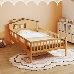 Twin Size Bed with Storage Shelf, Solid Wood Platform Bed Frame with Safety Guardrails & Low Design, No Box Spring Needed – Space-Saving Furniture for Bedroom, Guest Room, Apartment