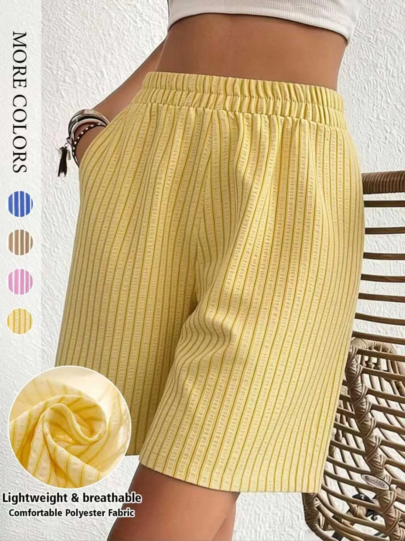 Women's Bermuda Shorts Striped Casual Shorts Vertical Stripe Knee Length Elastic Waist with Side Pockets Loose Fit Casual Non Stretch Summer Outdoor Wear Bottom