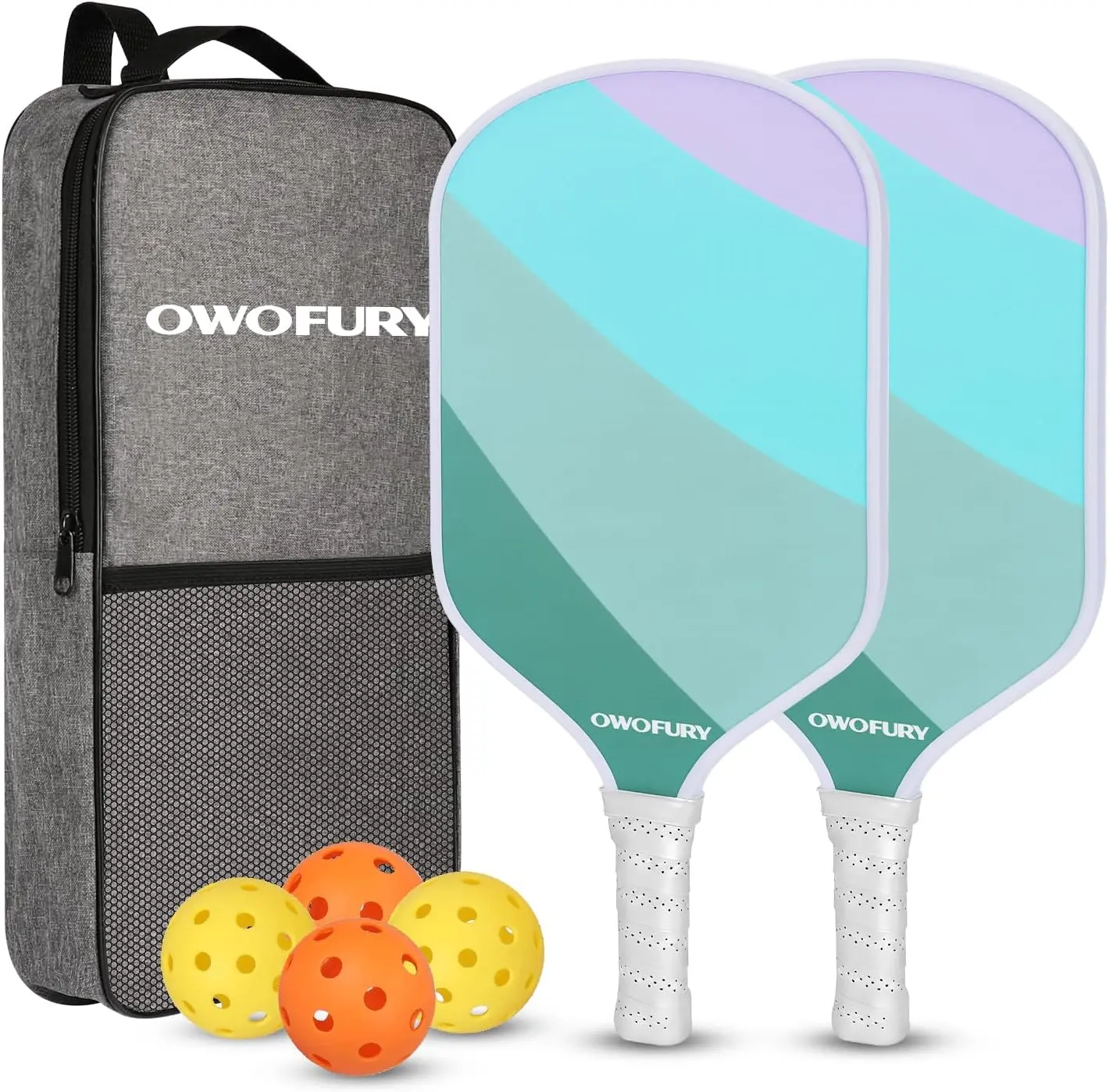 OWOFURY Pickleball Paddles Set of 2, Lightweight Fiberglass with a Honeycomb Core for Control, Unisex Kit with 4 Indoor/Outdoor Balls and Bag, Fiber Glass, Includes Balls