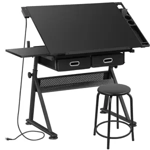 ZENY Wood Adjustable Drafting Table W/ Power Outlet & Stool, Tiltable Slide-Out Tabletop Drawing Desk for Home Office Writing Crafting, Black