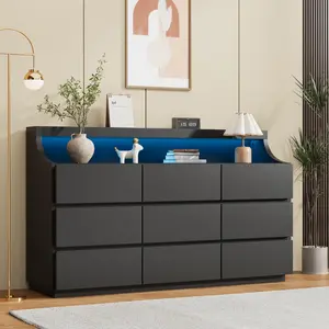 Garvee 59" Wooden 9 Drawer Dresser for Bedroom and Living Room, Available in Black and White, Features LED Lights, Large Storage Drawers, Modern Design, and Anti-Tipping Safety