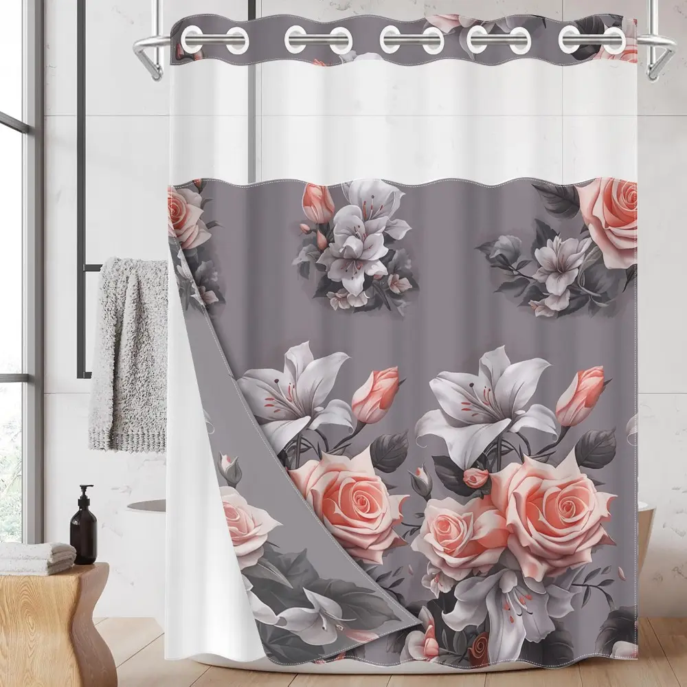 1pc hookless shower curtain with buckle lining, Decorative shower curtain, Bathroom shower curtain, spring gray background with pink and white floral design, 2D flat printing, waterproof lining, see-through double-layer shower curtain, 71 x 74 inches