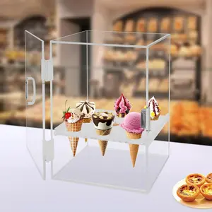 Acrylic Ice Cream Cone Holder Stand,9 Holes Ice Cream Cone Display Case Countertop,Transparent Waffle Cone Holder Egg Roll Display Case with Door&Handle and Removable Shelf, Display for Cones Organiser Racks
