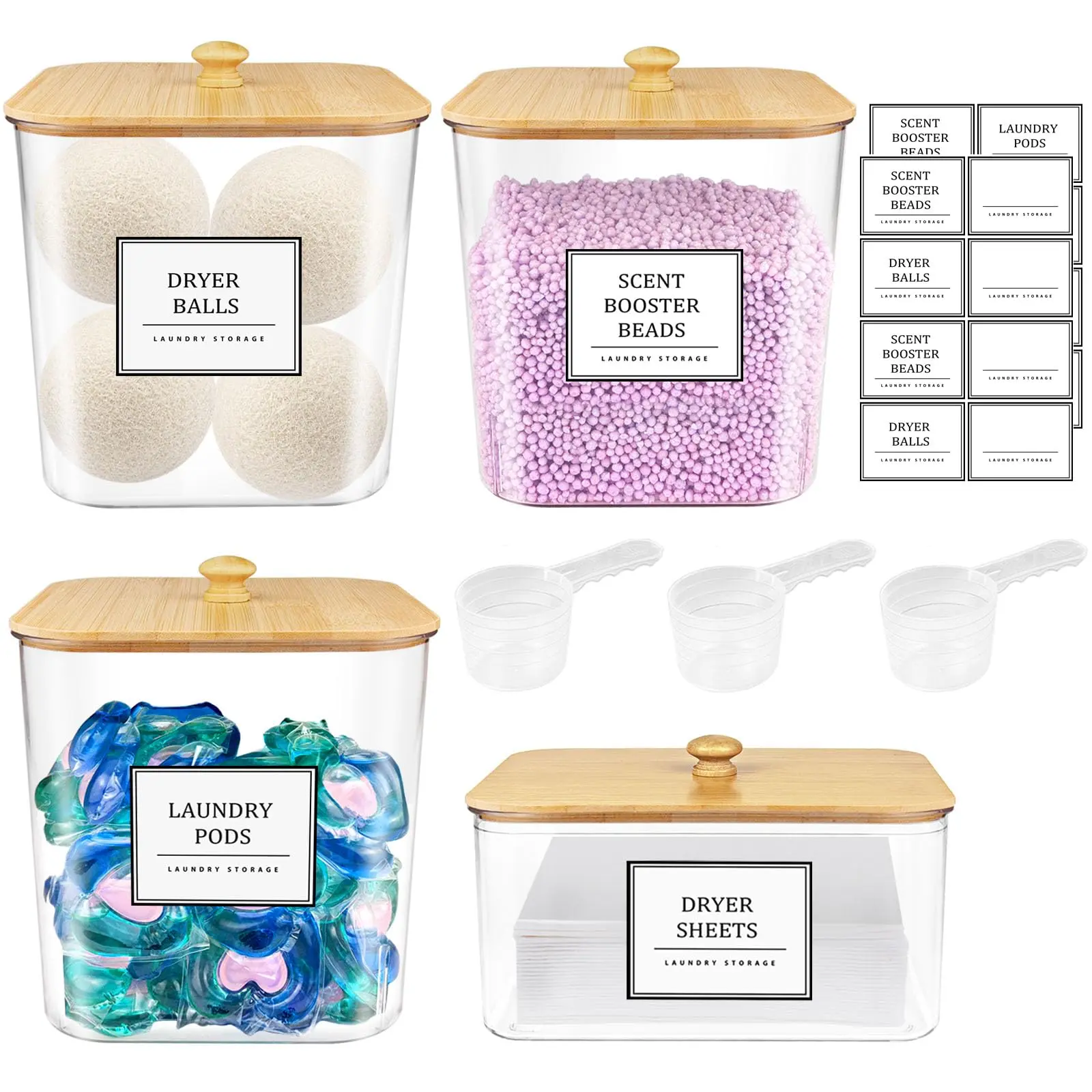 3+1 Pack Laundry Pods Storage Container, Clear Laundry Room Organization and Storage, Detergent Powder Container, with Wooden Lids & Labels