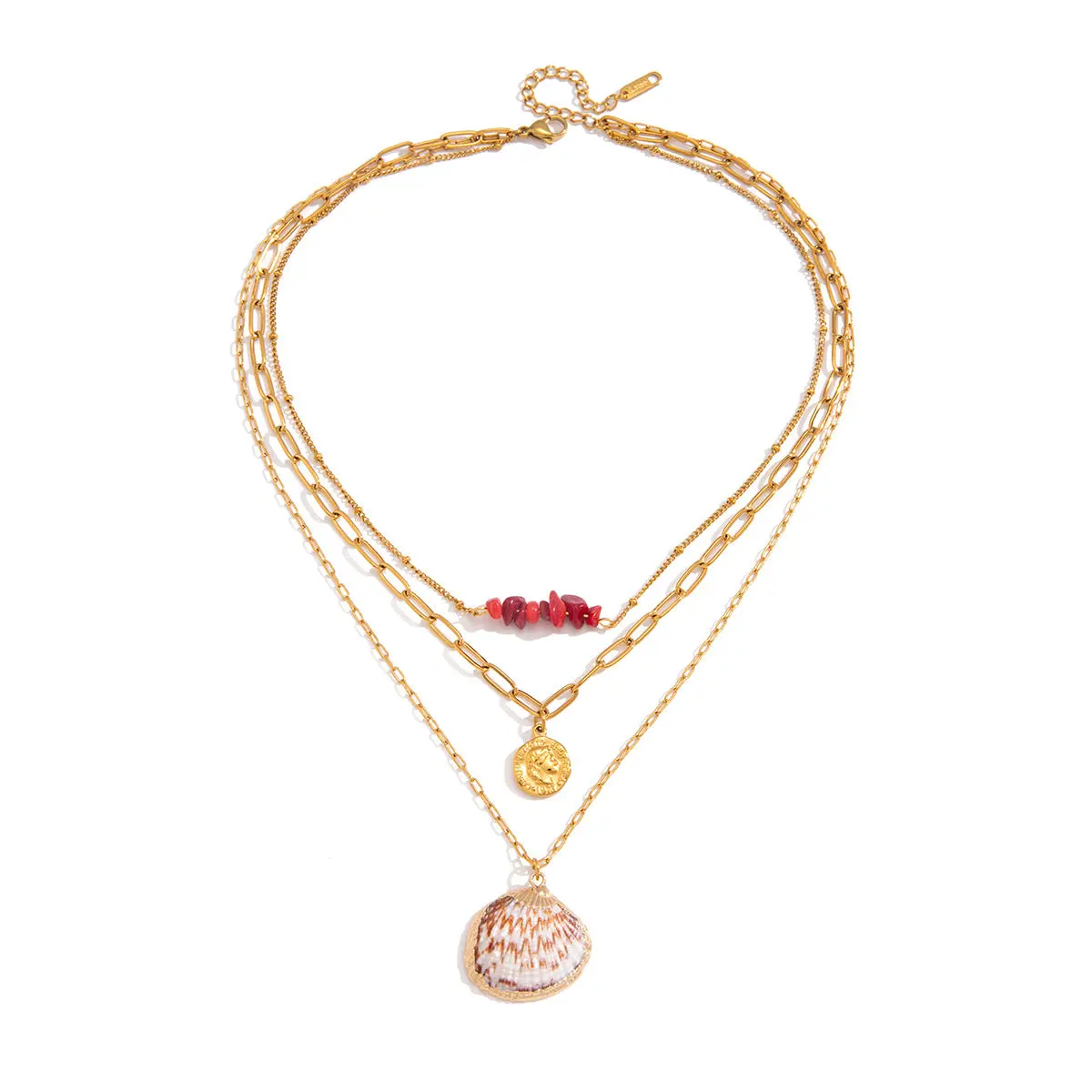 Shell Three Layer Necklace for Women - Waterproof Non Tarnish 18K Gold Plated Stainless Steel with Shell Pendant Layering Jewelry