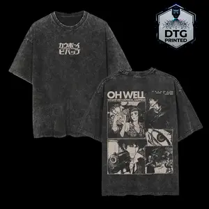 Retro Vintage Cowboy Bebop Anime Double Printed Washed T-shirt Unisex Mineral Anime Manga Washed Heavy Cotton T-shirt, Gift For Anime Fan Lover