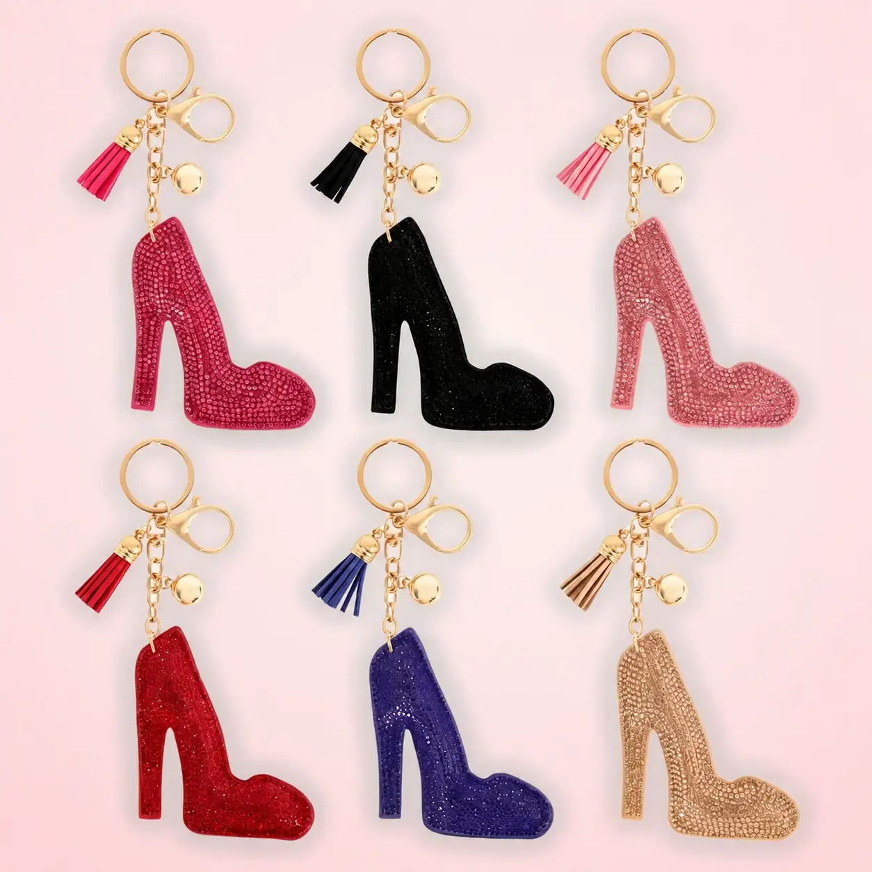 Pink Glitter High Heel Rhinestone Tassel Keychain, Bling Shoe Bag Charm With Gold Tone Hardware For Women Girls