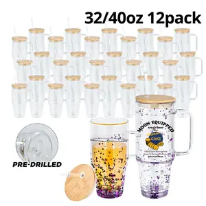 12-Pack Double Wall Glass Globe Mugs with Handle - 32/40oz Washable Large Tumbler Glasses, Stylish Bottle Cup, Pre-Drilled for DIY Craft Glitter Sublimation, US Warehouse Stock Kitchen Drinkware