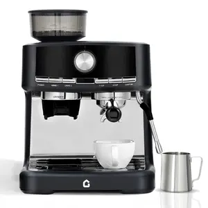 20-Bar Stainless Steel Espresso Machine with Integrated Burr Grinder, Compact Professional Coffee Maker for Home-Office Use, Adjustable Shot Volume, 1.5L Removable Water Tank, Steam Milk Frother Wand