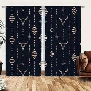 Geometric Pattern Door Curtain, 2 Counts/set Western Style Door Curtain with Pocket Design, Home Decor for Living Room Bedroom Hotel Salon, Home Decoration Curtain