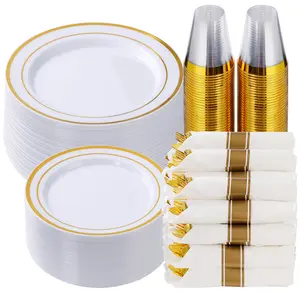 GOODLUCK 350PCS Gold Disposable Dinnerware Set for 50 Guests Includes 50 Plates Napkins Silverware & Cups Perfect for Weddings Parties Christmas & Baby Showers