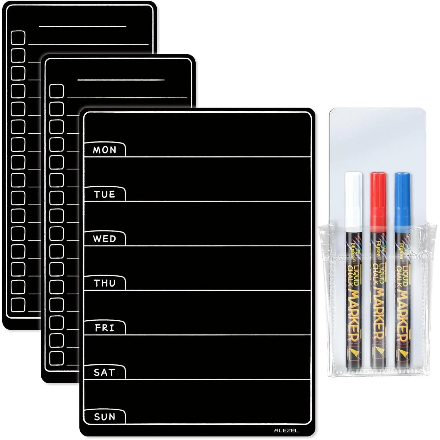 Magnetic Fridge Menu Board & Weekly Calendar Blackboard Set - Home Supplies Refrigerator Magnet, Dry Erase Board for Kitchen, 2 Grocery Lists, 3 Chalk Markers, 1 Eraser (includes markers)