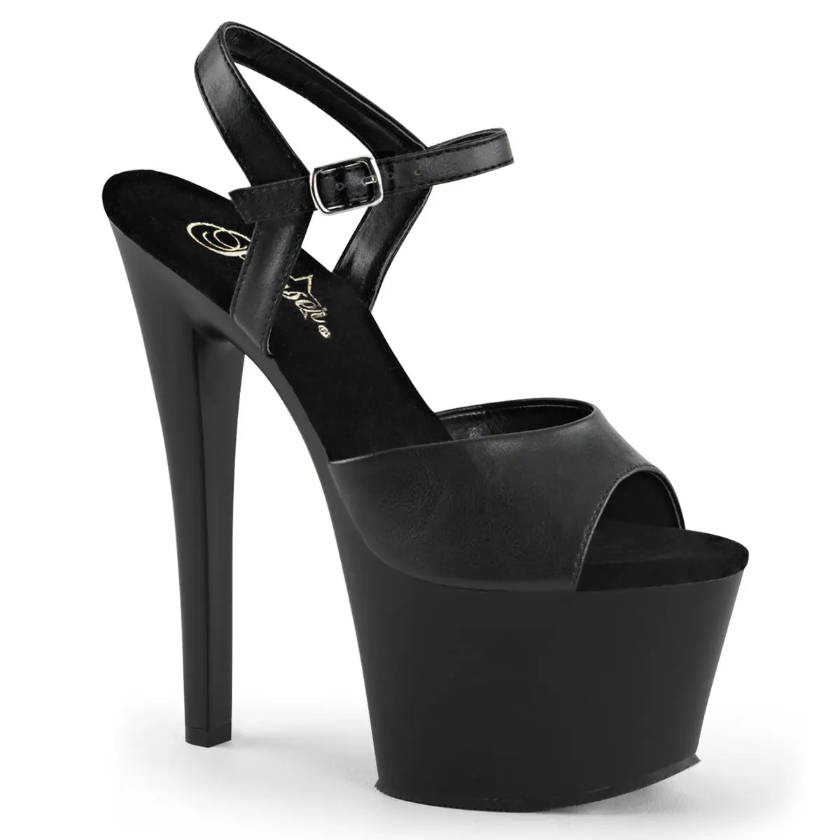 Pleaser Women's Sky-309 Classy Ankle Strap Sandals in Black Vegan Leather, Stylish High Heel Platform Footwear with 7" Heel, Elegant, High Heels