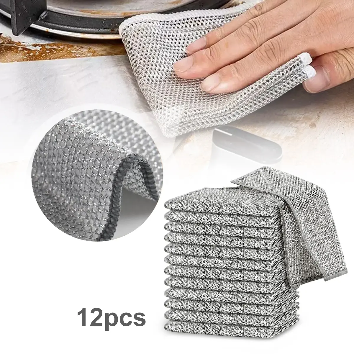 12PCS Upgraded Steel Wire Dishcloth – Non-Scratch Cleaning Rag for Wet & Dry Use, Powerful Kitchen Cleaner for Dishes, Sinks & Stove Tops