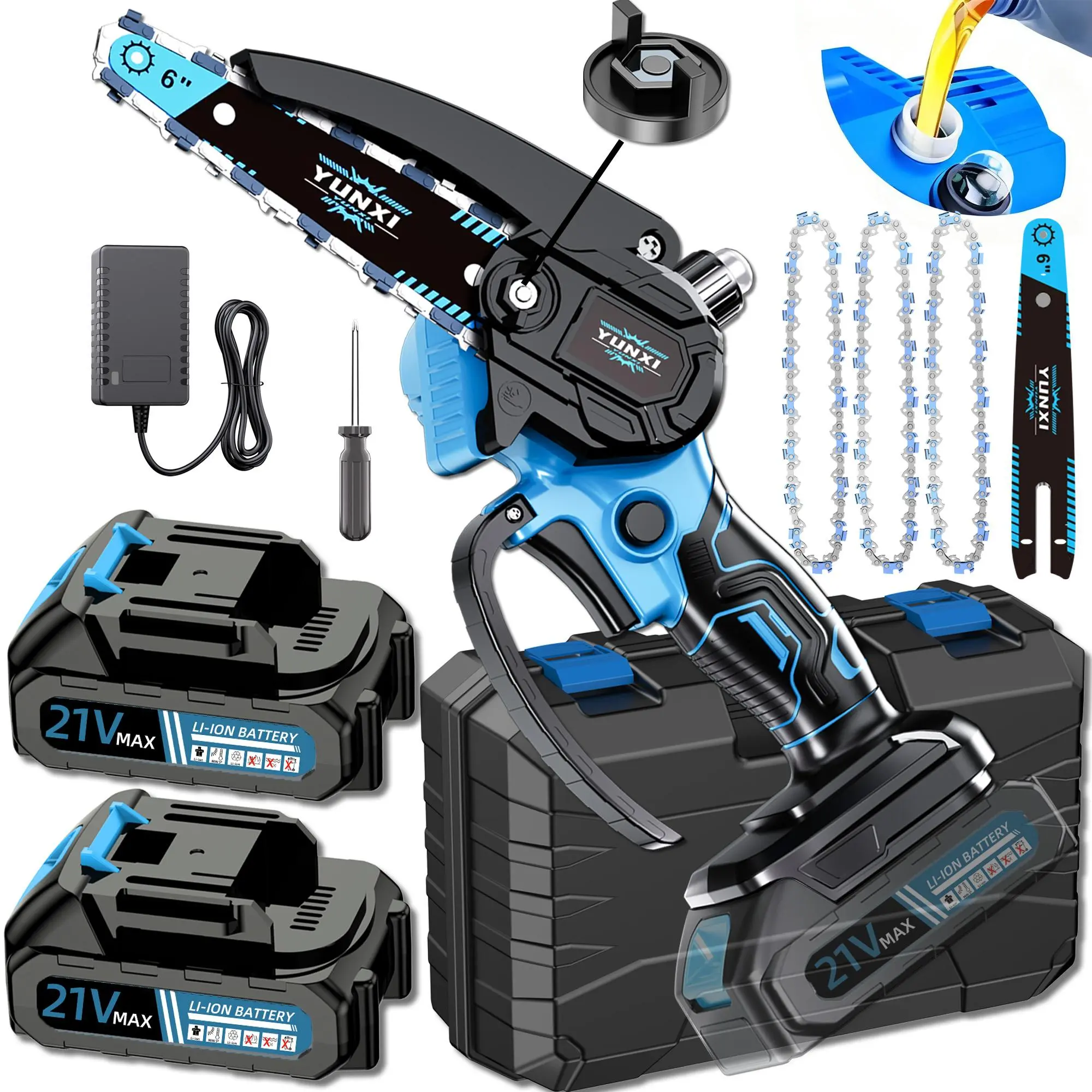 【MothersDayGift】YUNXI Cordless Chainsaw 6 Inch Brushless with 21V Max Batteries Oil System- Portable Electric Cordless Saw for Wood Cutting, Batteries (1500mAh) ,Pruning, Gardening, Camping - Suitable for Seniors, Women Holiday gifts, Cordless Cutting Mac