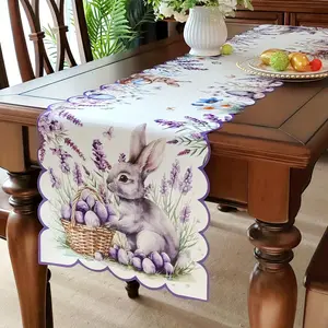Easter Bunny Table Runner, Polyester Fabric Egg Print, Butterfly Floral Lavender Pattern, Home Decor, Holiday Decoration, Family Gatherings, Outdoor Camping, Easter Rabbits