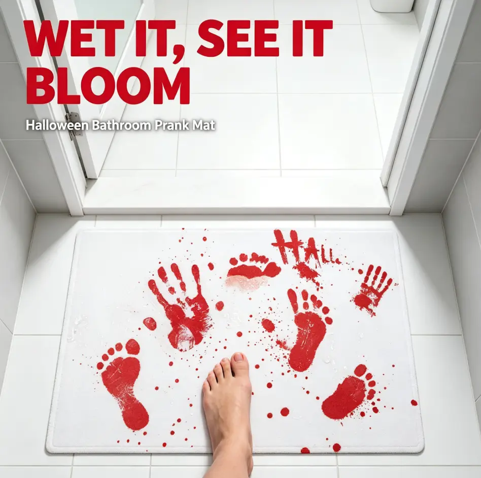 Scary Halloween Prank Color-Changing Wet-Responsive Bath Mat, Spooky Blood Handprint-Footprint Bathroom Floor Rug, Funny Party Decor & Home Shower Gift, 70X40cm, Blood Prints