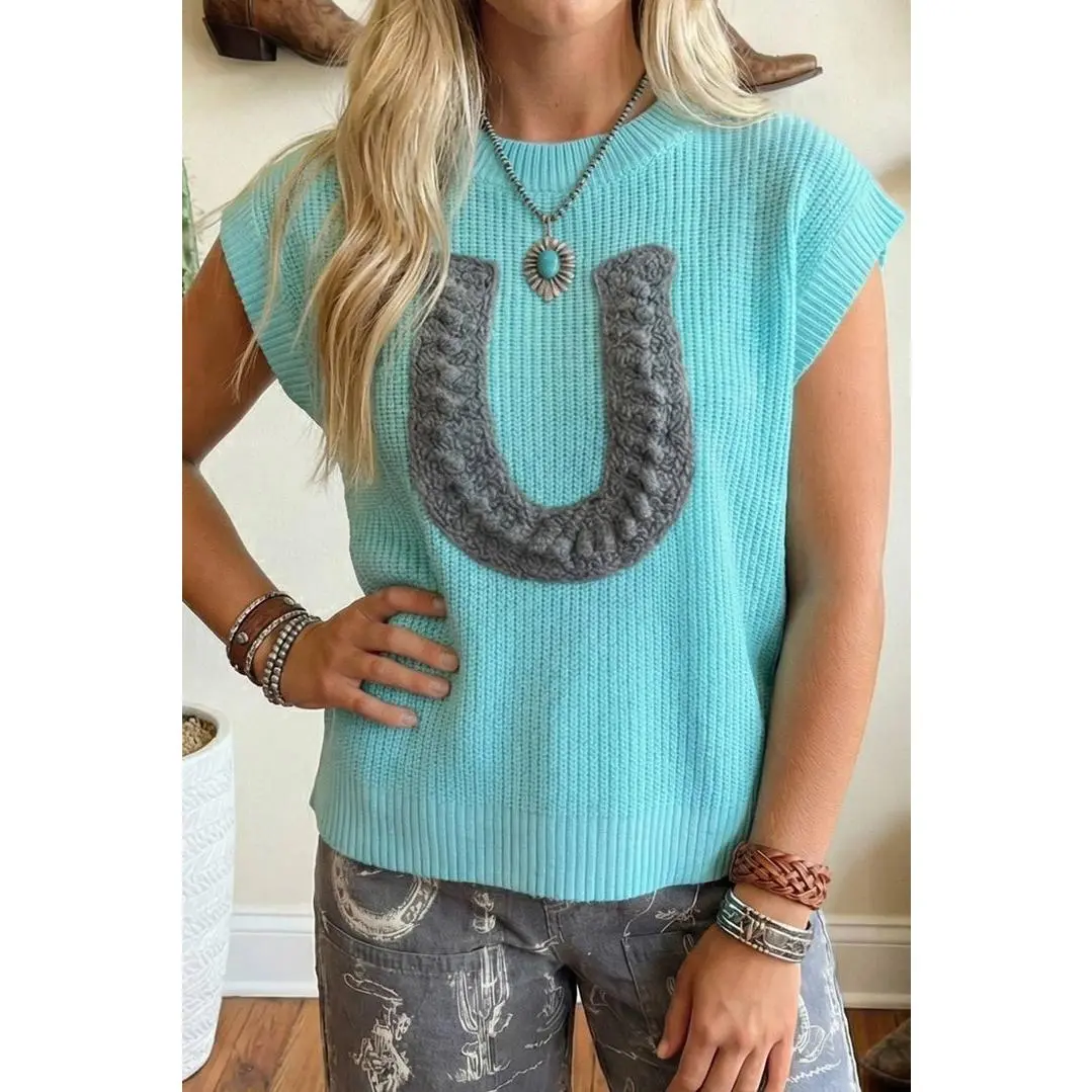 LDC Western Crochet Horseshoe Short Sleeve Knit Sweater: Turquoise / M Lightweight Tops