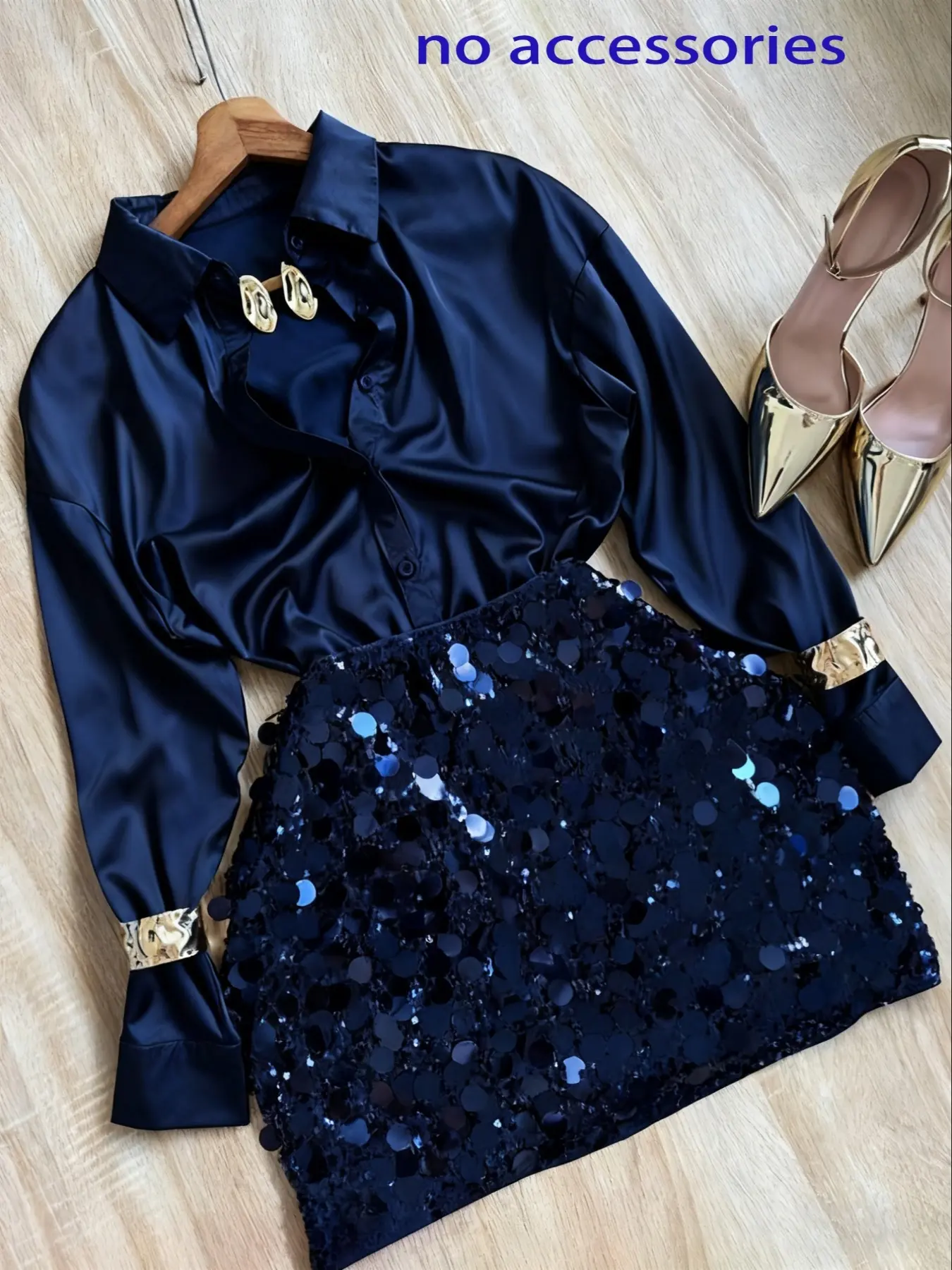 Elegant Plain Long Sleeve Blouse & High Waist Bodycon Fit Skirt with Contrast Sequins, Women's Fashion Two-Piece Set for Spring, Womenswear, Tops