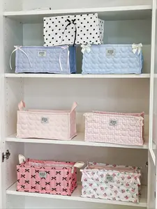 Cute Square Bow Storage Basket Organiser with Heart Check Pattern, Multi-Functional Storage Solution for Bedroom, Living Room, and Beauty Products, Home Organizers