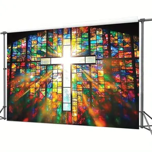 1PC 2D Flat Religious Stained Glass Door Banner, Polyester Reusable Christian Cross Home & Festive Decoration Hanging Cloth, Church Window Backdrop for Easter, Christmas, Birthday,summerwins