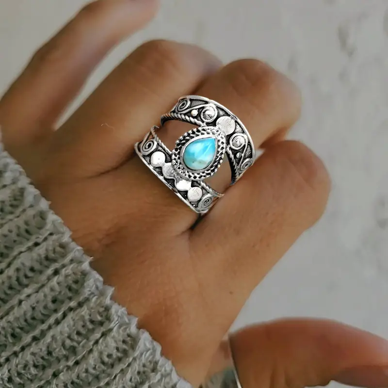 Women's Bohemian Carved Droplet Turquoise Birthstone Ring - Vintage, Alternative Artist Style, Antique Costume Jewelry, Ideal for Anniversary, Birthday Gifts, Birthstone Rings, Antique Rings