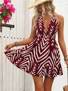 LIA 2025 New fashion Women's Chevron Halter Dress - Tie Back A-Line Summer Casual Outfit