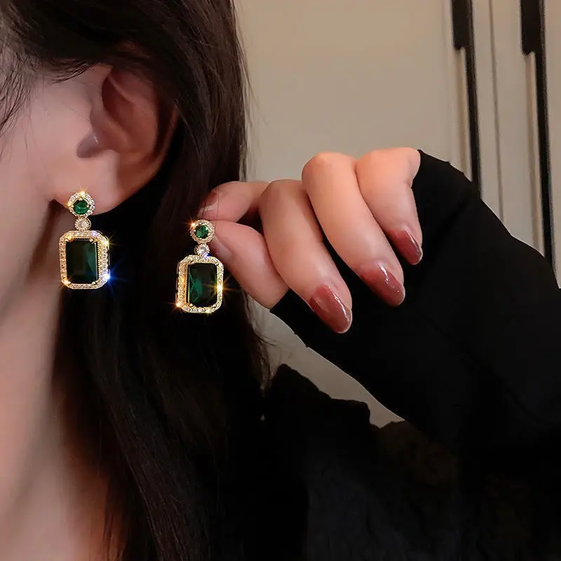 Vintage Emerald Green Drop Earrings, Rectangle CZ Halo Dangle Earrings for Women