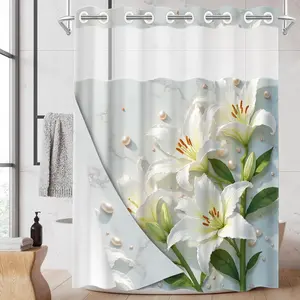 1PC/4PCS 2D Flat Printing White Lilies with Pearls on Marble Background Patterned Flower shower curtain, home bathroom decor, shower curtain set with 12 hooks, non-slip bathroom rug, U-shaped toilet seat cover, toilet seat mat, Floral Shower Curtain