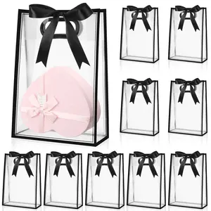 Clear Transparent Gift Bag with Ribbon, 10pcs/set Reusable Gift Wrapping Bag, Goodie Bag, Gift Packaging Supplies for Wedding & Birthday & Baby Shower & Party, Gift Presentation