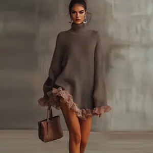 High Neck Knitted Mesh Patchwork Sweater Short Dress Women's Loose Lazy Style Short Knitted Dress