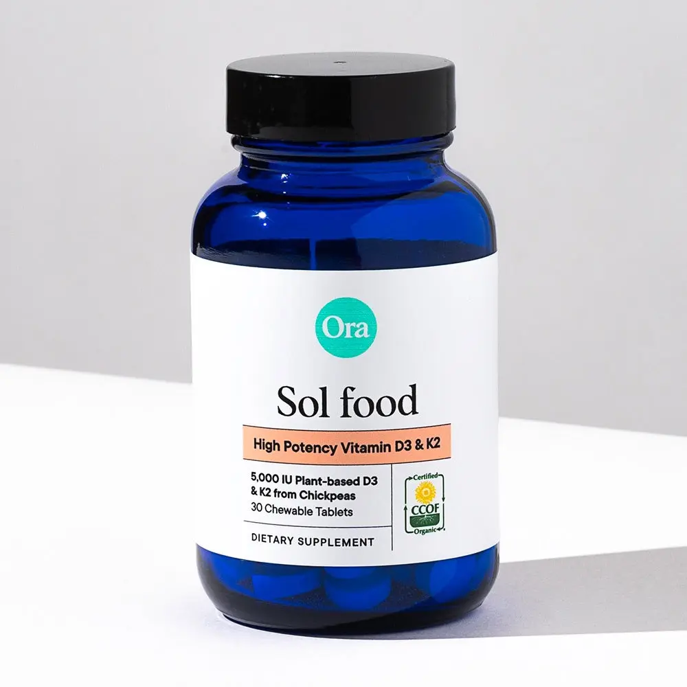 Ora Organic Vitamin D3 5000IU + K2 - Vegan Vitamin D from Lichen and K2 from Chickpeas for Bone Health, Immune Support, & Mood, Maximum Absorption - 1 Month Supply, 30 Chewable Tablets