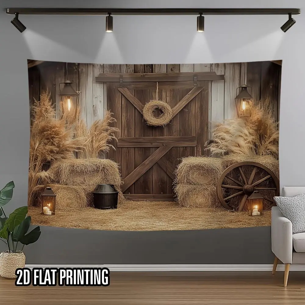 1PC Vintage Farm-Style Polyester Backdrop Banner - 2D Flat Rustic Barn, Haystack, Wooden Door Reusable Decorative Curtain, Happy Birthday Photography Tapestry for Home & Festive Party Supplies