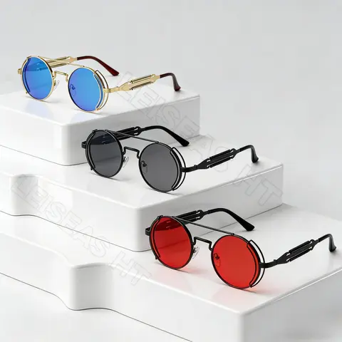 Unisex 3 Pairs Vintage Steampunk Spring-Loaded Metal Round Sunglasses - Gothic Double Bridge, UV Protection, Unisex Names, Daily Wear With Edge, Gothic Style, Fashion Personality, Ideal for Cosplay Events & Sports