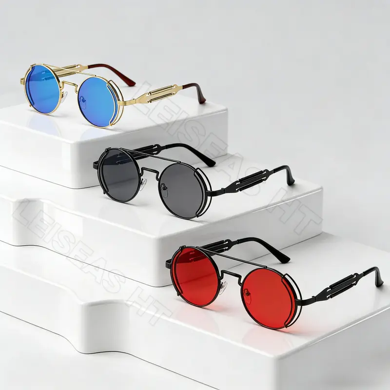 Unisex 3 Pairs Vintage Steampunk Spring-Loaded Metal Round Sunglasses - Gothic Double Bridge, UV Protection, Unisex Names, Daily Wear With Edge, Gothic Style, Fashion Personality, Ideal for Cosplay Events & Sports