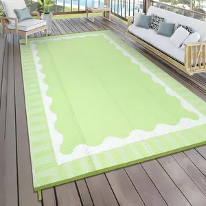 Large Waterproof Outdoor Rug with Fan-shaped Printed Plastic Straw Woven Carpet Double-sided Clean Gray & White Border Portable Storage Bag Foldable for Patios Gardens Balconies Beaches Picnics RVs and Porches