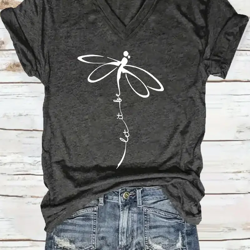 Women's Dragonfly Print V Neck Tee, Casual Fashion Short Sleeve T-shirt for Summer, Ladies Clothes for Daily Wear, Top, Womenswear, Casual Comfy Top