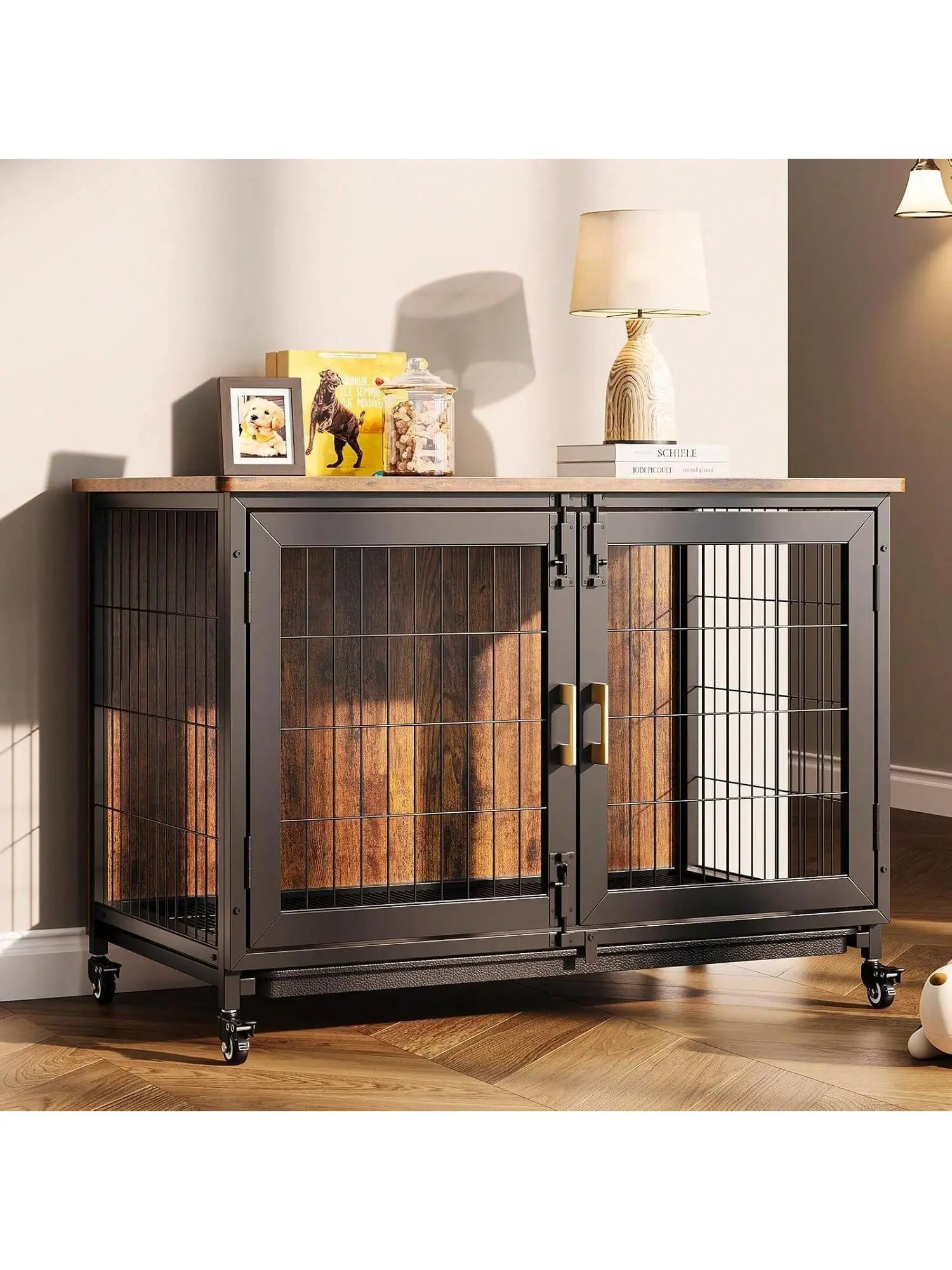 Brown Wooden Dog Crate Furniture - Heavy-Duty Kennel with Locking Caster Wheels, 37.5x25.6" Size, Removable Tray, Indoor Wooden Crates for Medium & Small Dogs