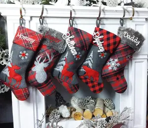 Buffalo Plaid Personalized Christmas Stockings - Red Black Grey Buffalo Check Faux Fur - Personalized