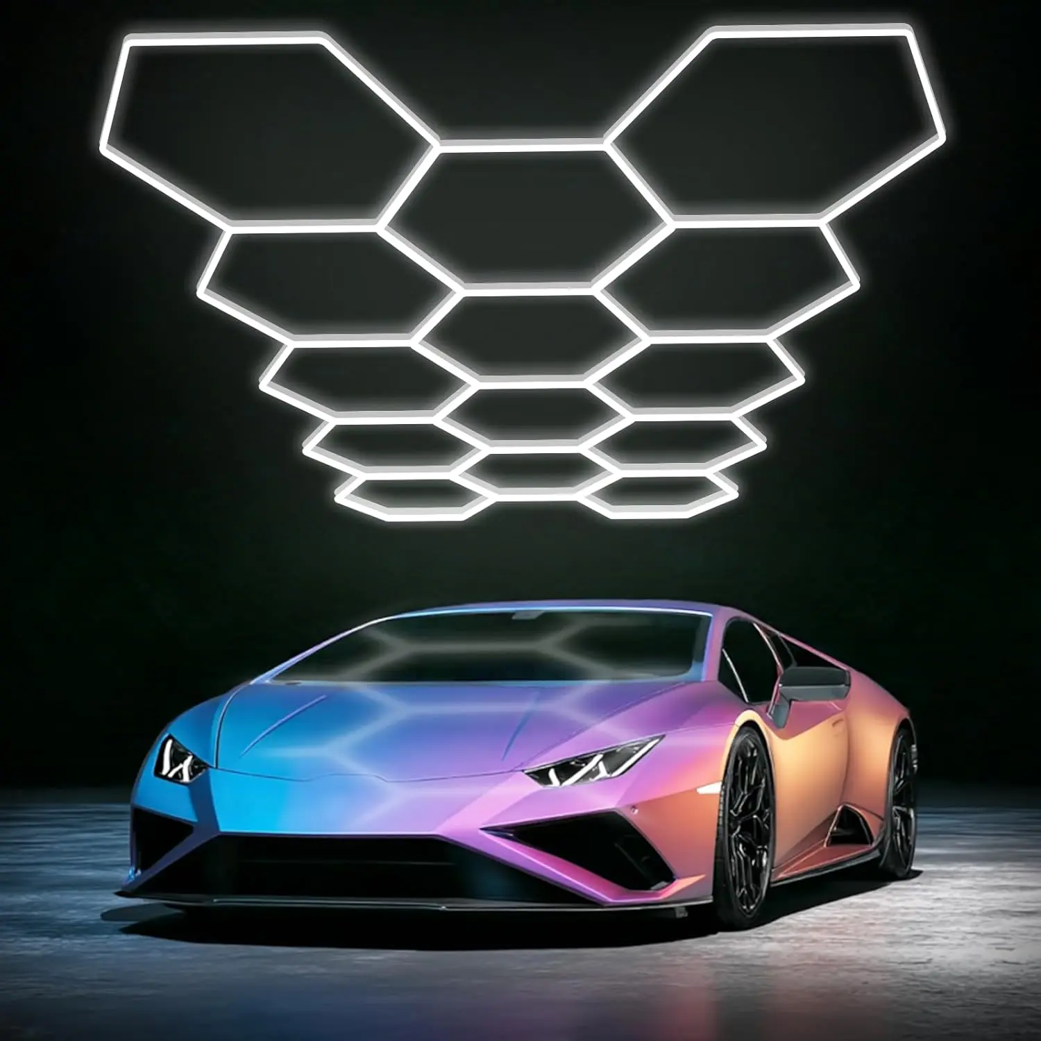 Hexagon Garage Lights, LED Honeycomb Garage Lights, 456W, 54720LM, 6500K Super Bright, 14 Grid Systems Car Detailing Lights for Garage Warehouse Workshop Basement Gym Adjustable Lighting Options