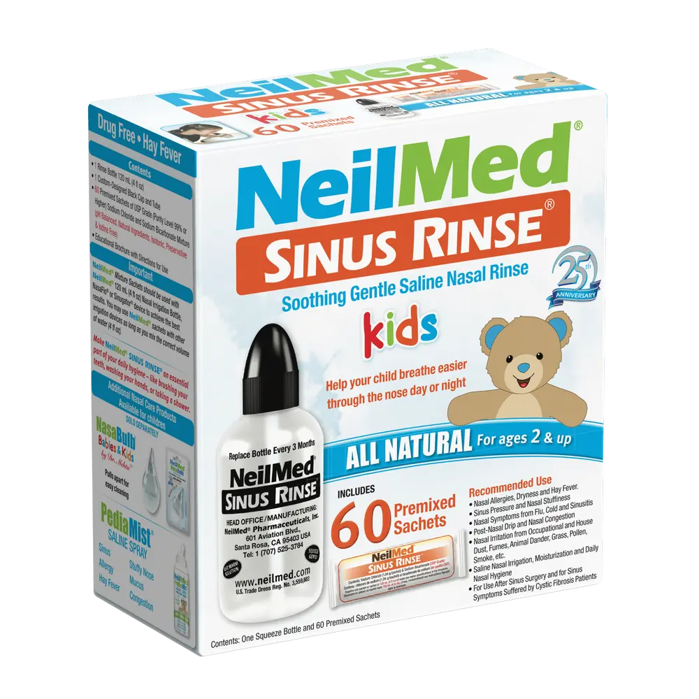 NeilMed Sinus Rinse Kids Kit - All Natural Saline Nasal Rinse for Ages 2+, Soothing Allergy & Congestion Relief, 60 Premixed Packets, 120mL Bottle