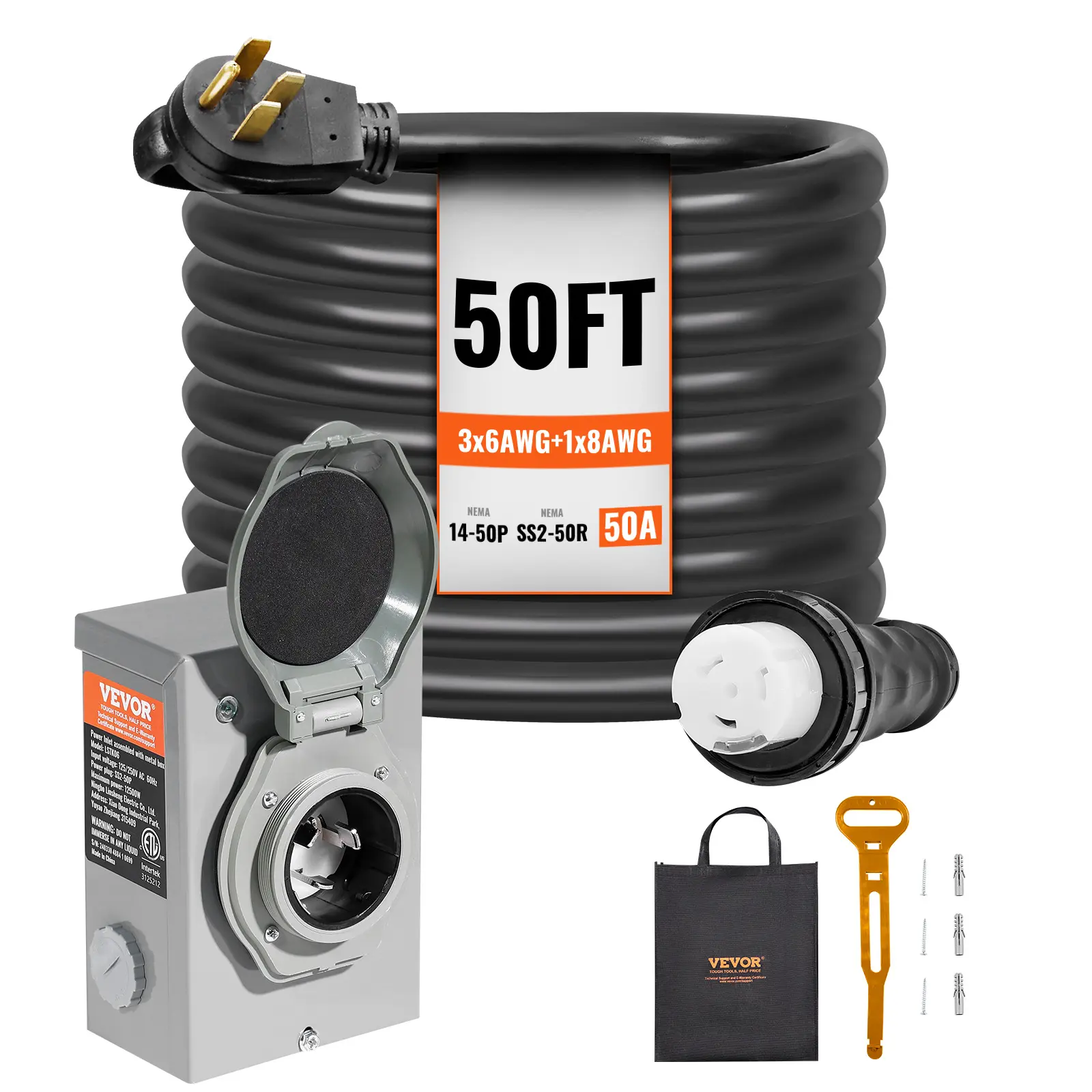 【Summerfinds】VEVOR 50 Amp Generator Cord and Power Inlet Box Kit NEMA 14-50P/SS2-50R STW 6/3+8/1 AWG Generator Power Cord with Twist Lock ConnectorPre-Drilled Inlet Box for Generator to HouseETL Listed