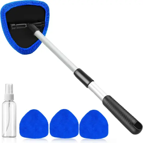 Extendable Handle Windshield Cleaner Tool Kit - Car Window Cleaner with 4 Reusable Washable Microfiber Nano Pads, Dry/Damp Use, Dry Fog Lift, Reach Tight Spots, Streak-Free for Auto Interior/Exterior, Cars Accessories, Taxis, Complete Quick Touch-Up Kit