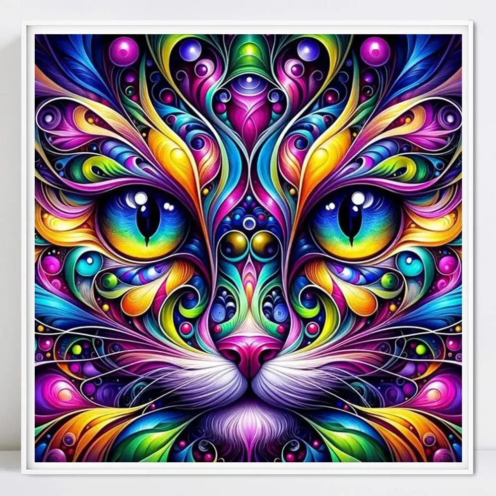 Colorful Cat Pattern Diamond Arts Painting Kit without Frame, DIY Handmade Round Diamond Mosaic Kit for Living Room Bedroom Decor